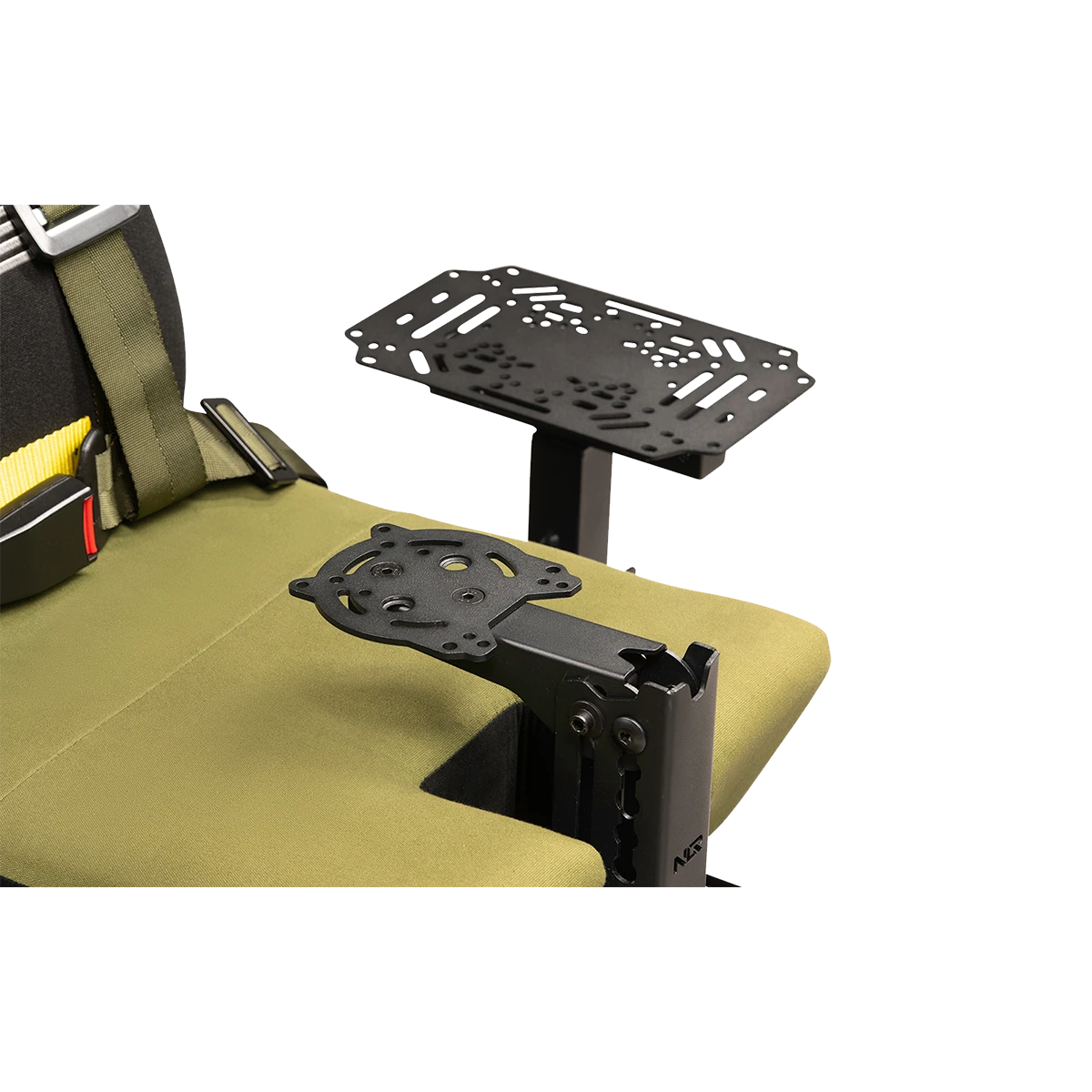 Detail van de HOTAS-montage en flight plates op de Flight Seat Pro Boeing Military Edition
