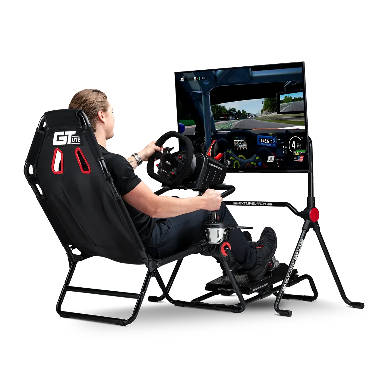 Next Level Racing Lite Free Standing Monitor Stand met Thrustmaster TS-XW Racer