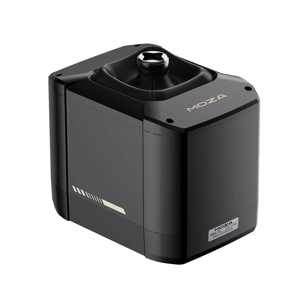 MOZA AB9 FFB basis schuin van voren met stick aansluiting zichtbaar