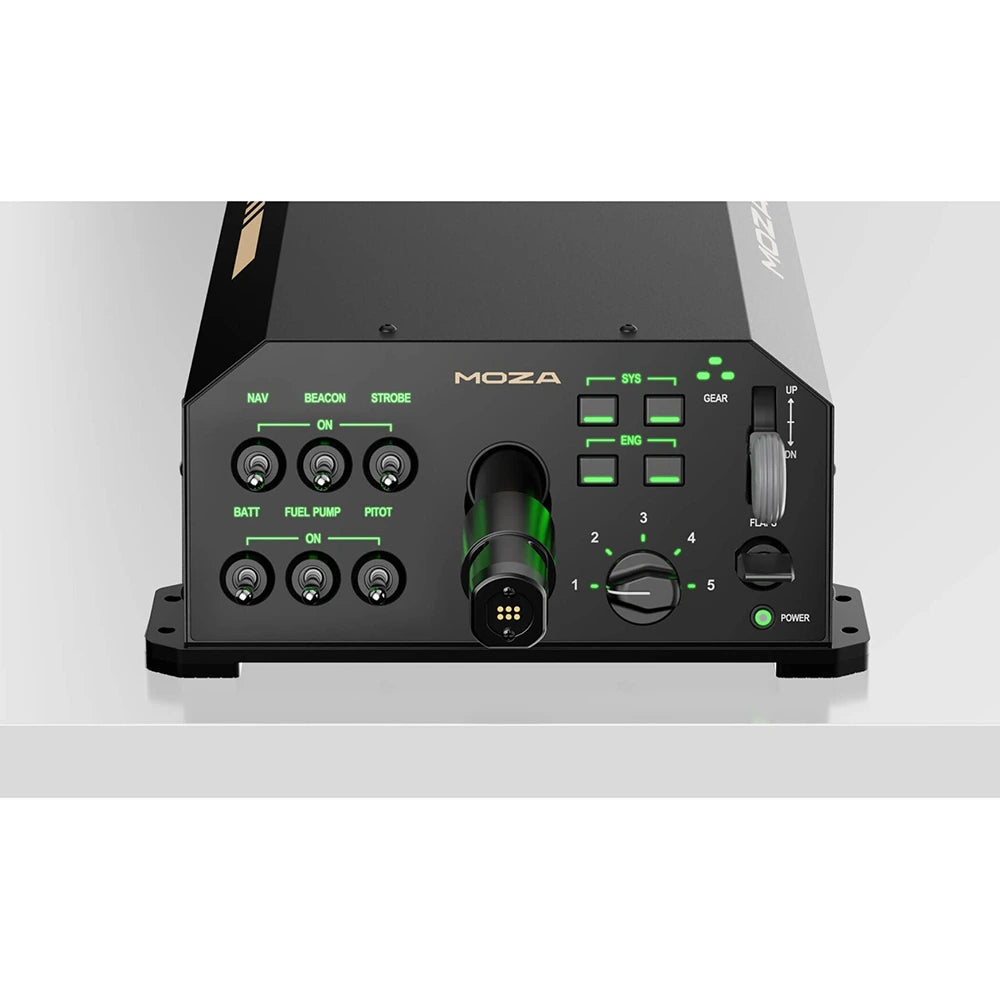 Detail van MOZA AY210 Yoke Base frontpaneel met schakelaars en aansluitingen