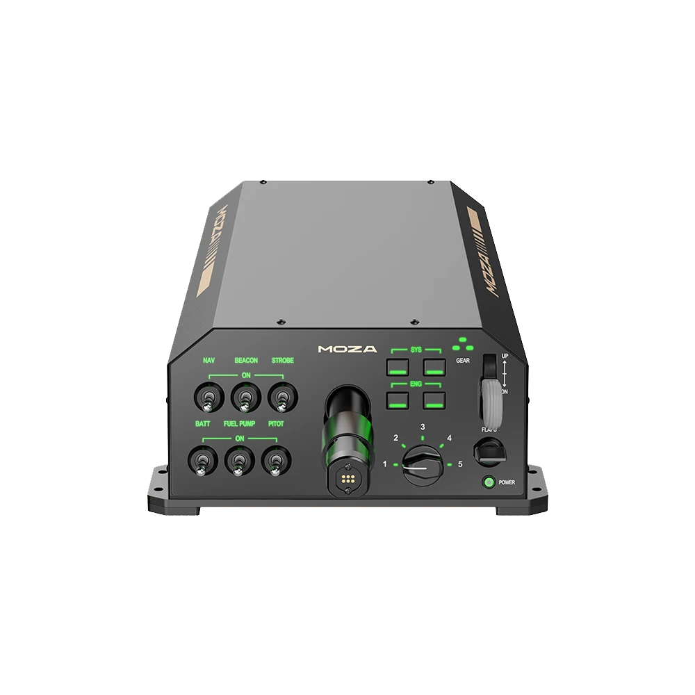 MOZA AY210 Yoke Base vooraanzicht met schakelaars en RJ11 poorten