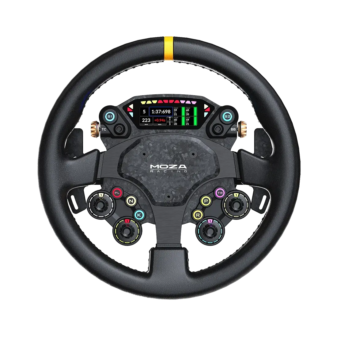 Moza CS Pro stuur vooraanzicht met 325 mm rond simrace stuur en 2,99 inch display