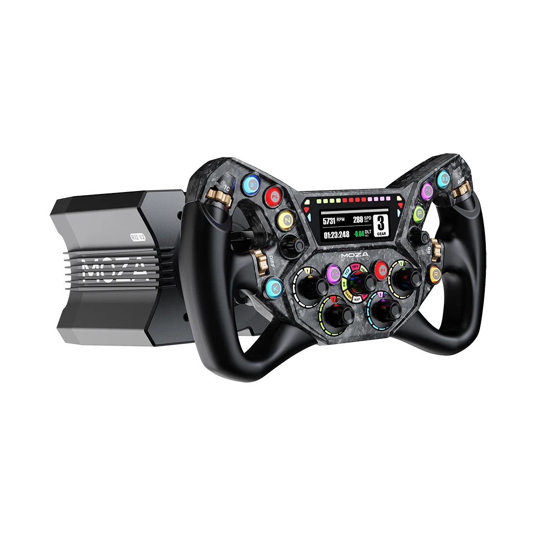 Moza KS Pro stuur gemonteerd op Moza direct drive wheelbase