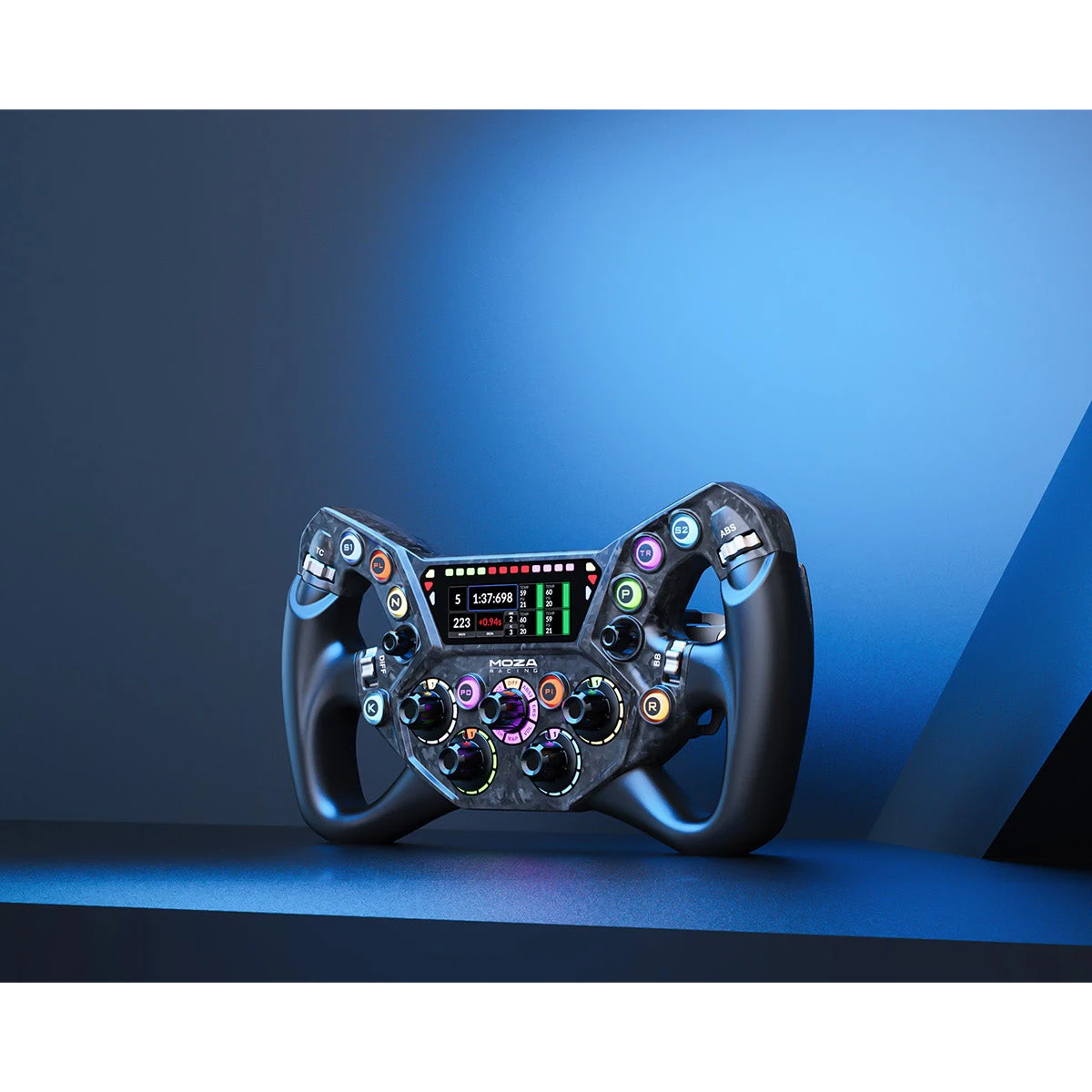 Moza KS Pro professioneel simrace stuur in blauwe studio setting