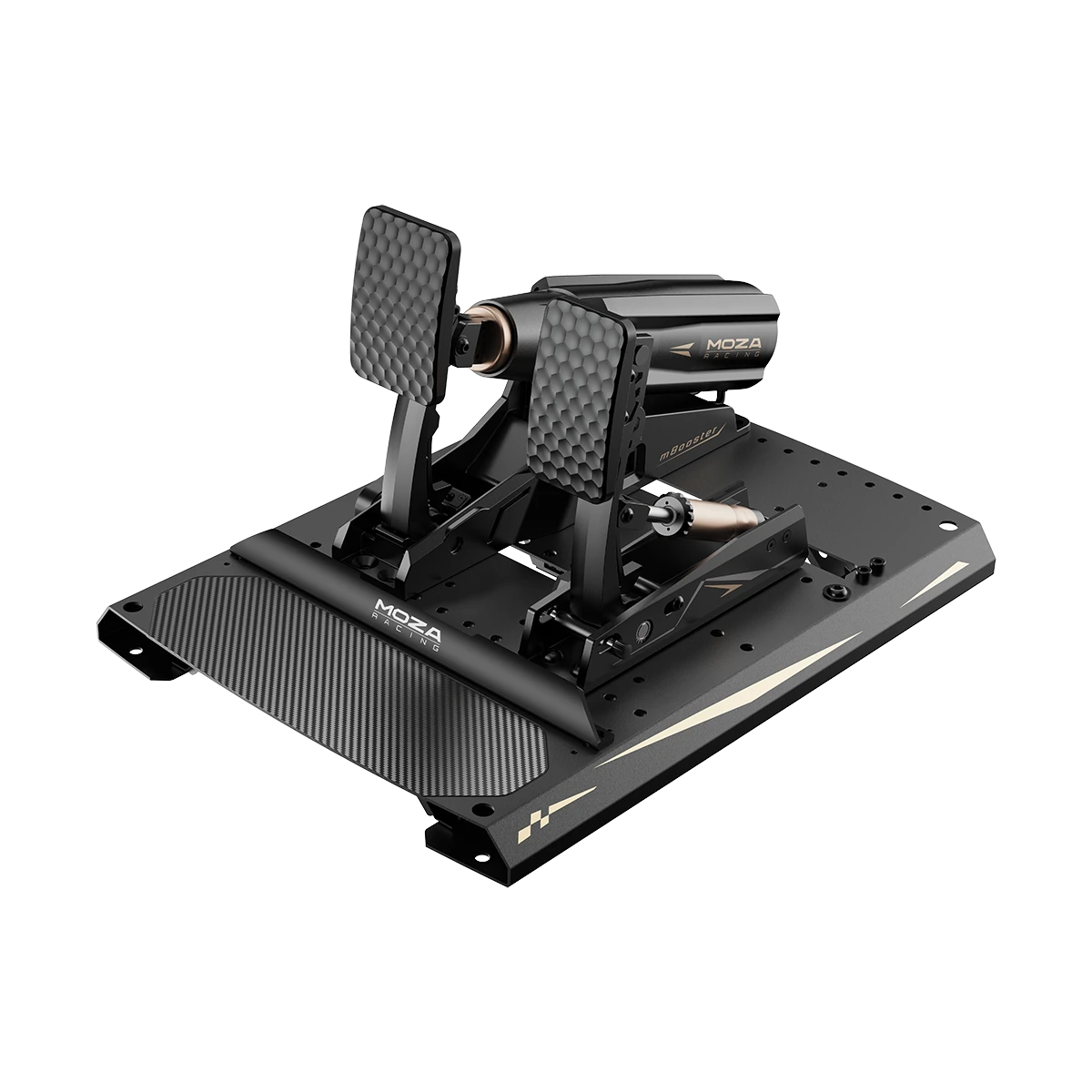 Moza mBooster Active Pedal Set rear angle showing brake motor assembly