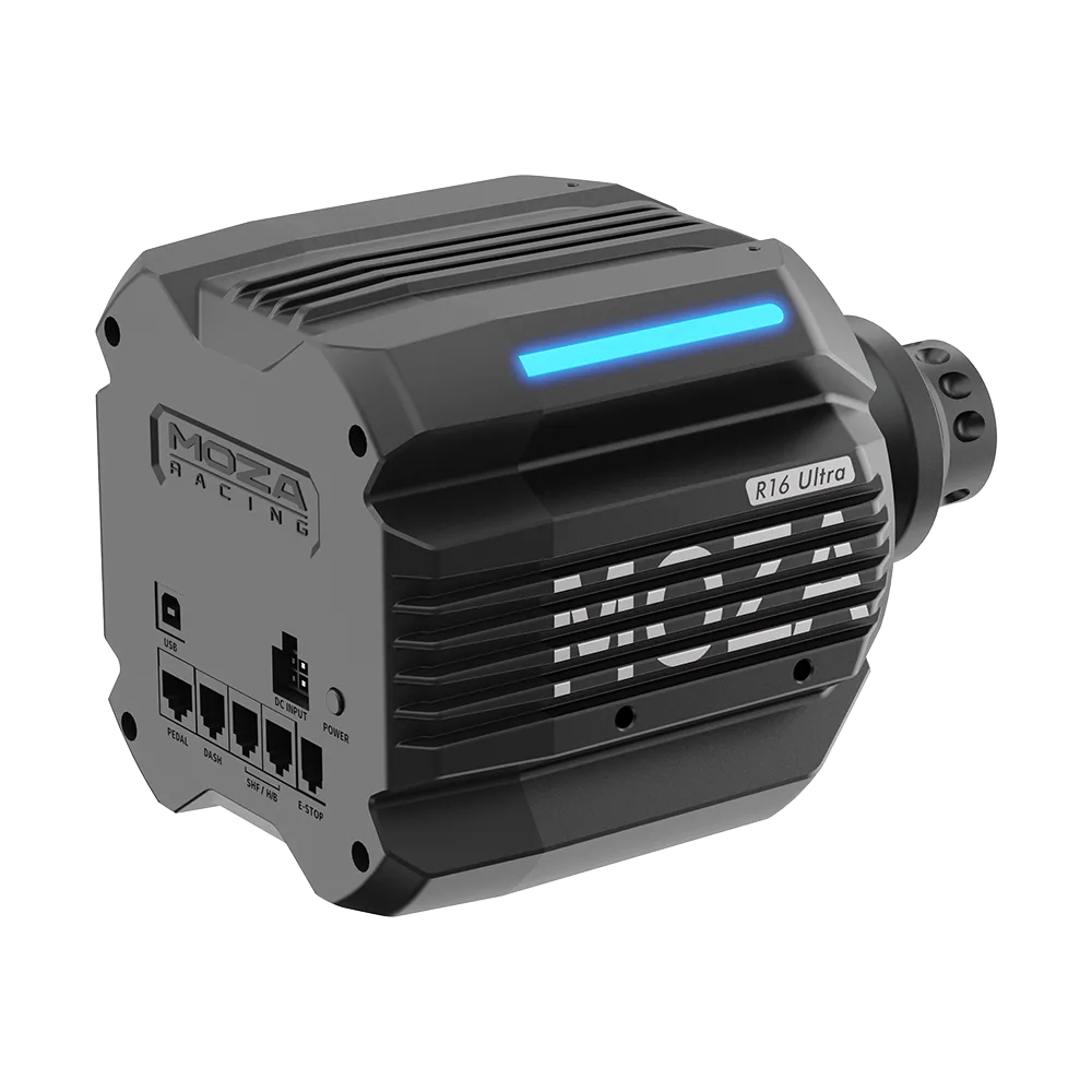 Achterzijde en zijkant van de Moza R16 Ultra Direct Drive base