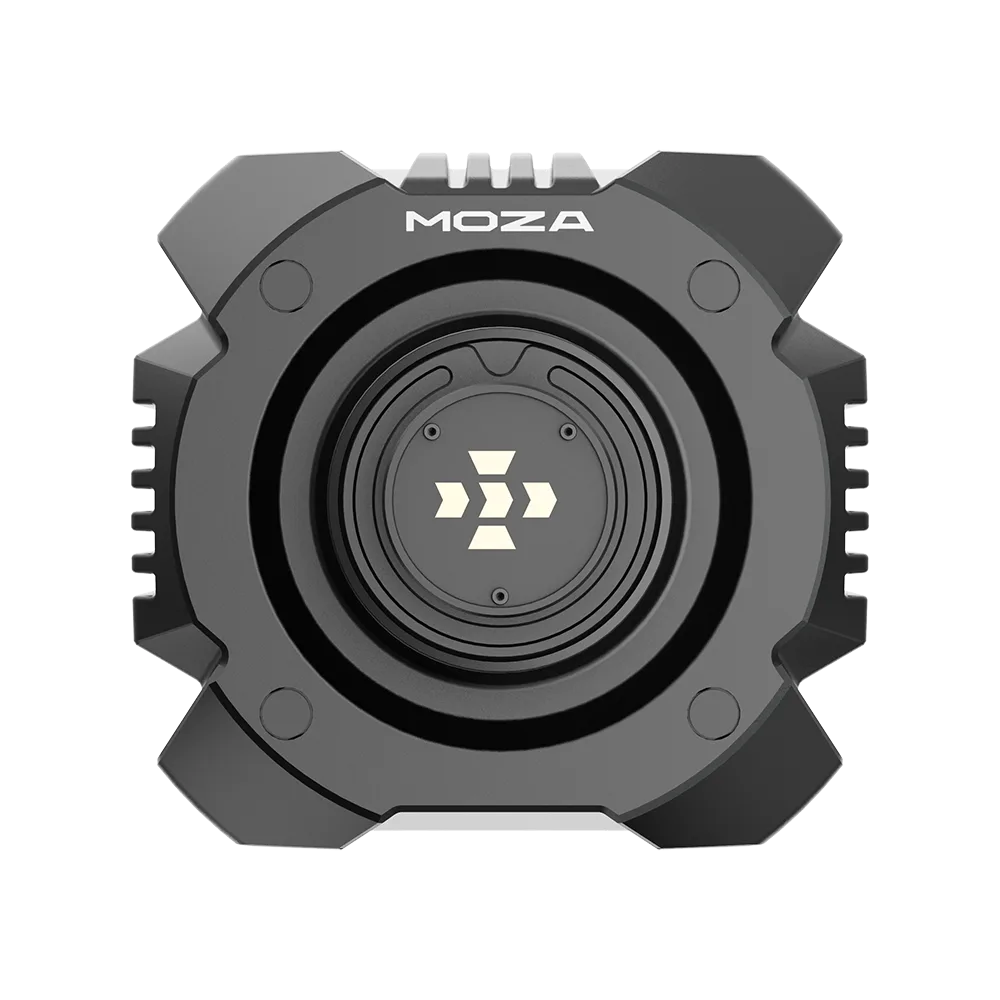 Vooraanzicht van de Moza R16 Ultra sim racing wheelbase met Quick Release