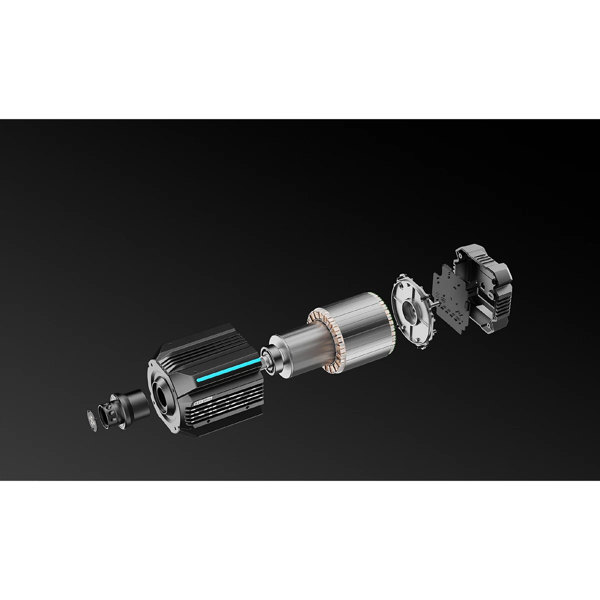 Exploded view van de Moza R21 Ultra direct drive sim racing wheelbase en interne onderdelen