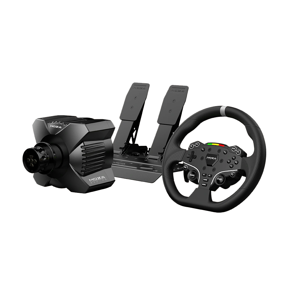 Moza R3 direct drive sim racing bundel voor PC vanuit schuine hoek