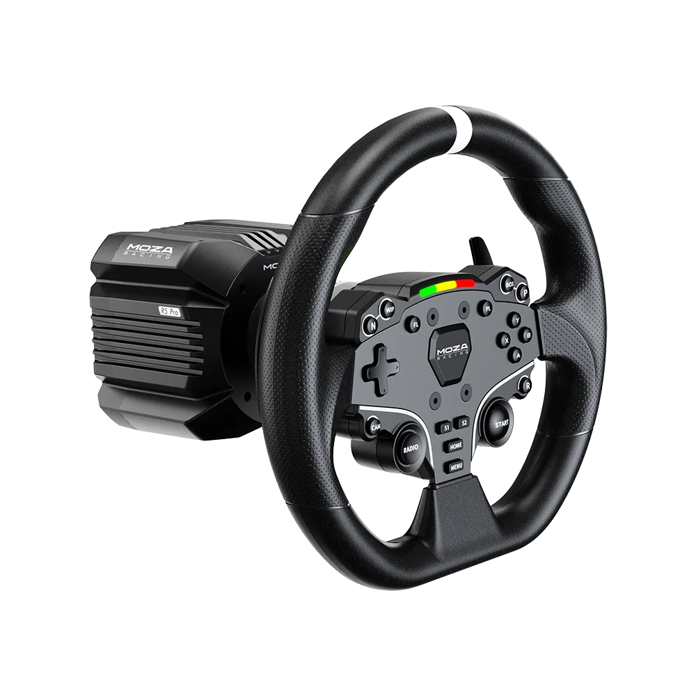 Moza R5 Pro met ES Lite 280 mm simrace stuur vanaf de linkerzijde