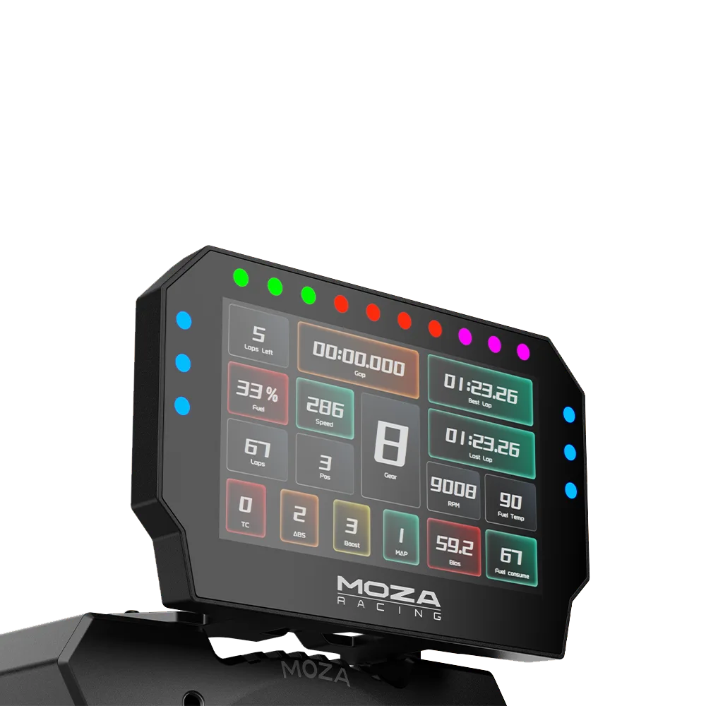 Moza Racing CM2 racing dash mounted on Moza wheelbase front view