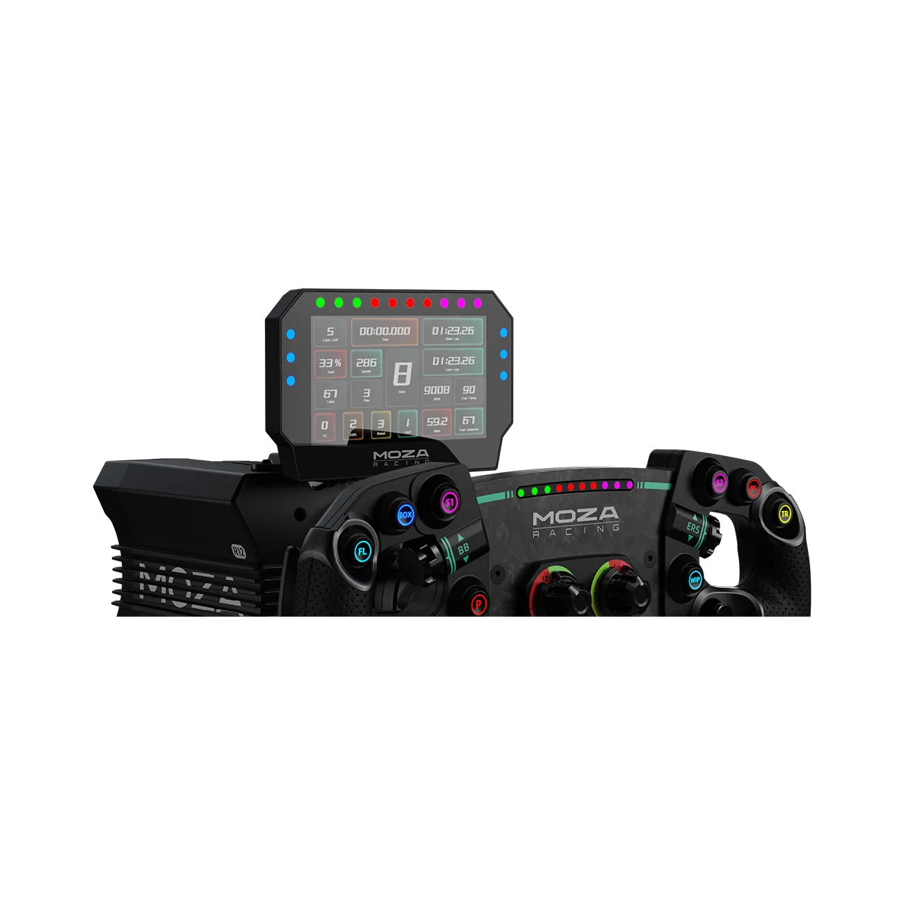 Moza Racing CM2 racing dash combined with Moza steering wheel setup