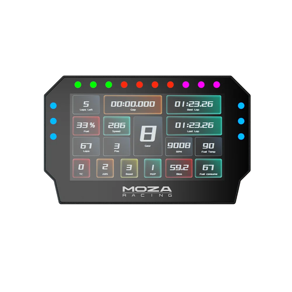 Moza Racing CM2 racing dash front view with color display and telemetry data