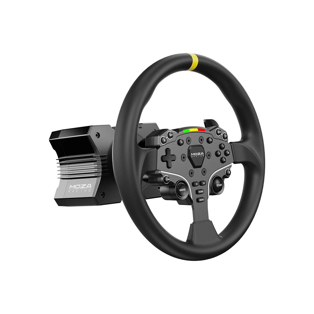 Moza Racing ES rond stuurwiel mod 12 inch gemonteerd op Moza wheelbase schuin links