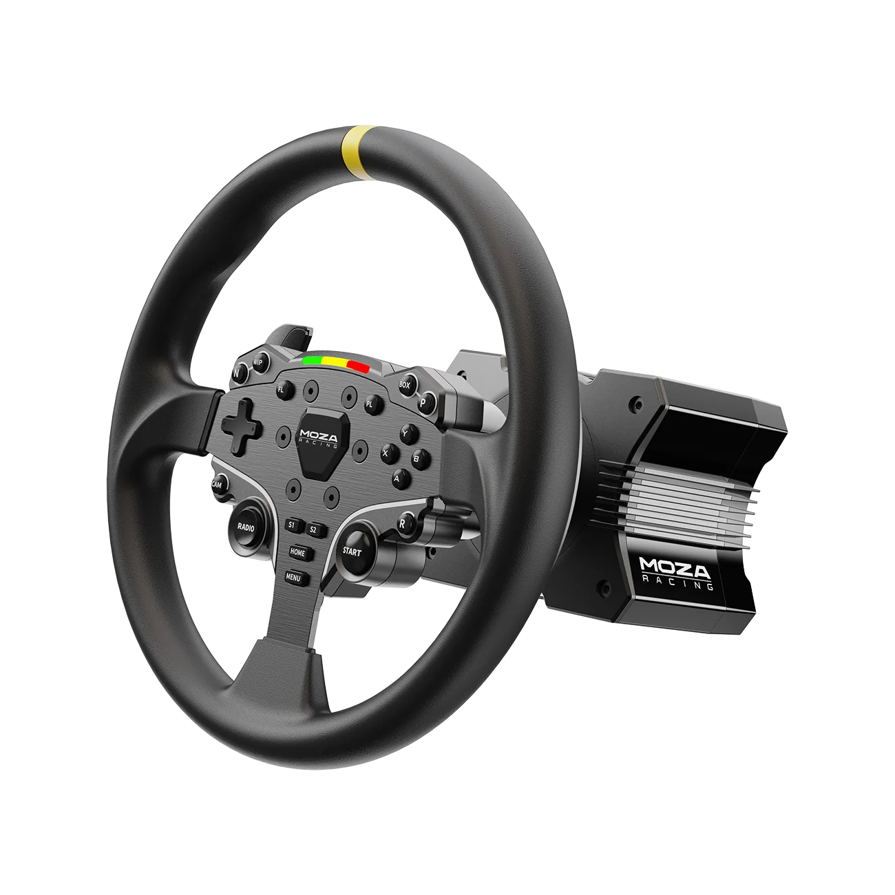 Moza Racing ES rond stuurwiel mod 12 inch gemonteerd op Moza wheelbase schuin rechts