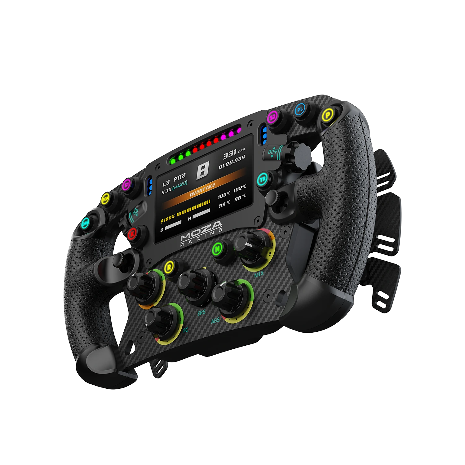 Moza FSR2 Formula Wheel schuin vooraanzicht met display en carbon frontplaat