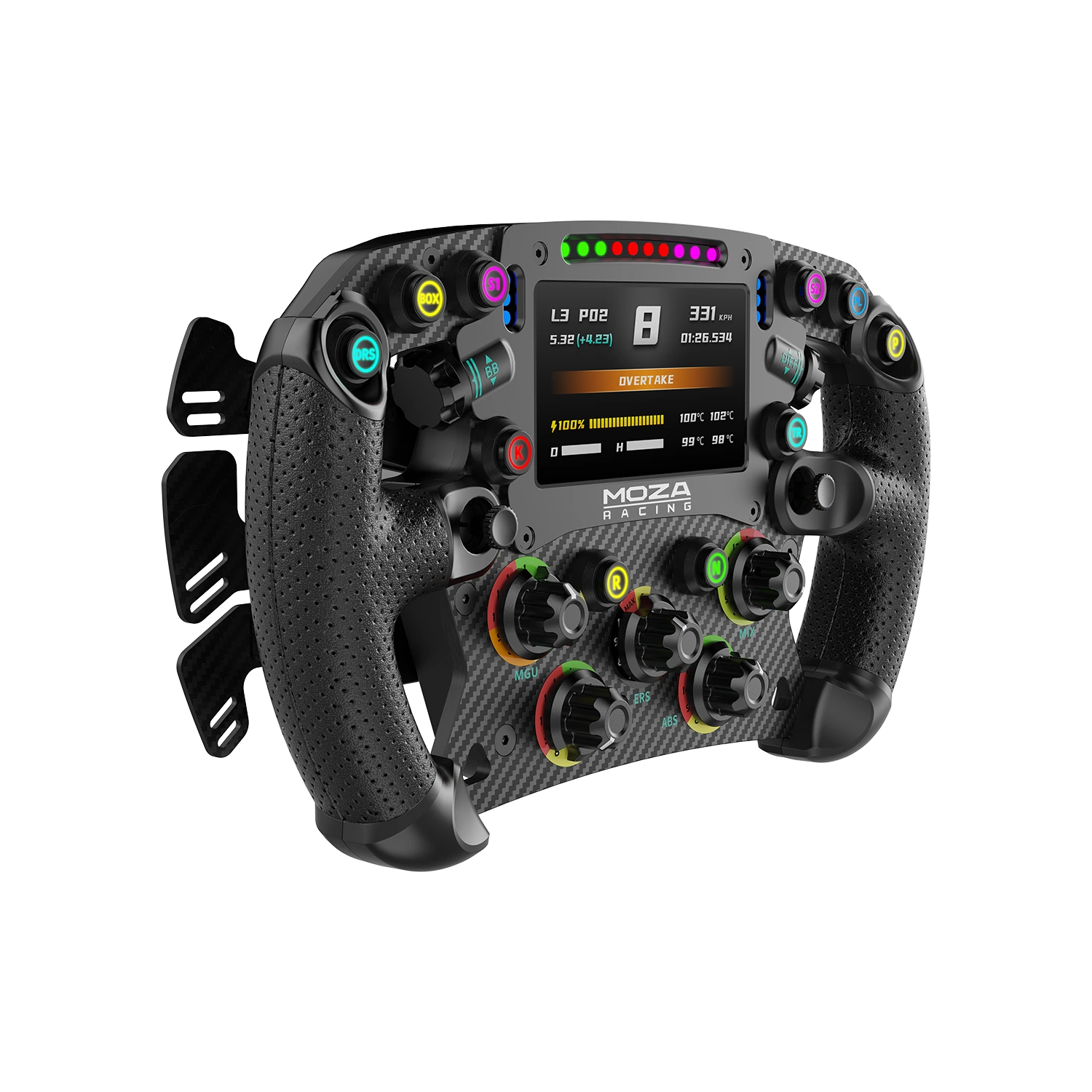 Moza FSR2 Formula stuur schuin aanzicht met rotary encoders en knoppen