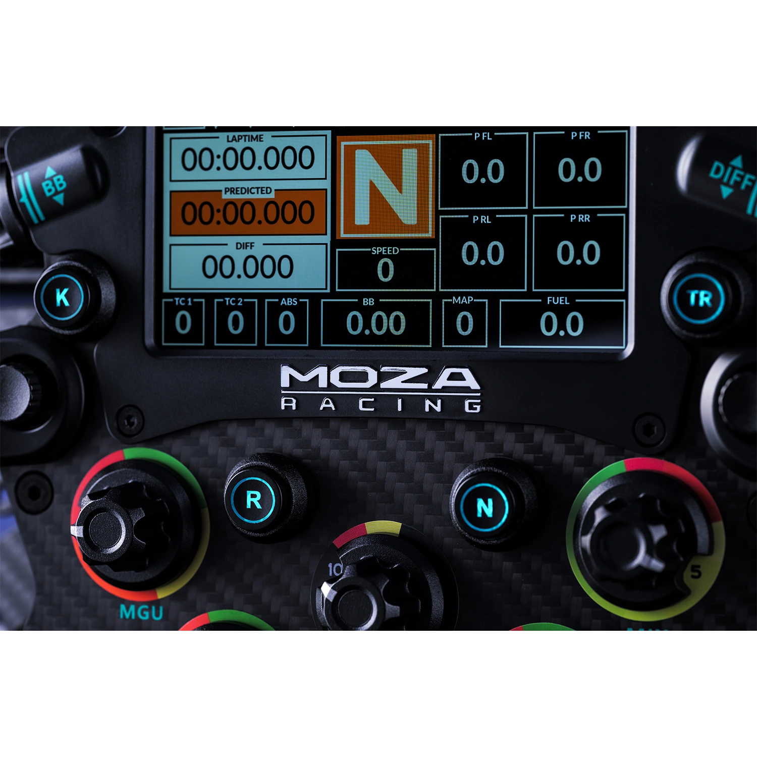 Close up van het display op de Moza Racing FSR2 Formula Wheel
