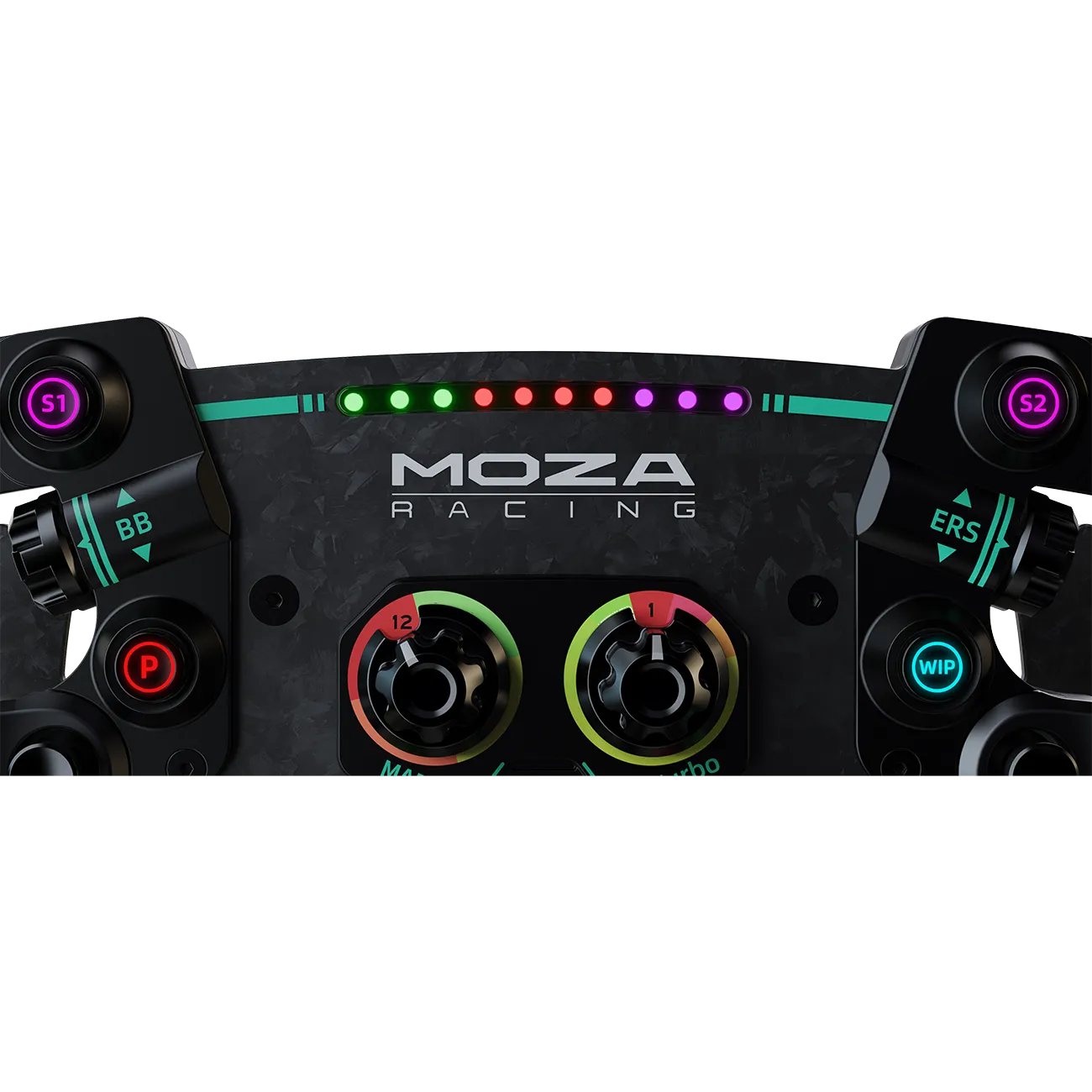 Moza Racing GS V2P steering wheel front view with LED RPM indicator