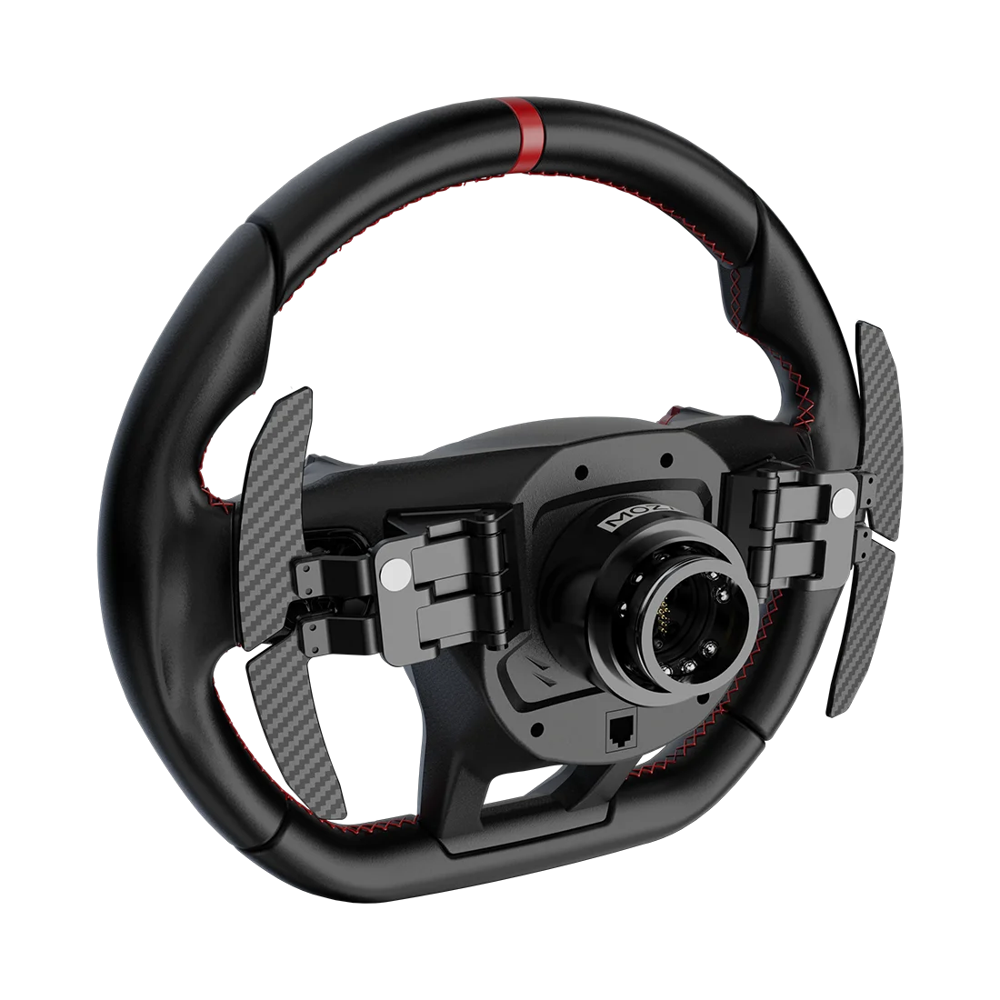 Moza Racing Lamborghini Revuelto simrace stuur achterkant schuin met carbon fiber paddles