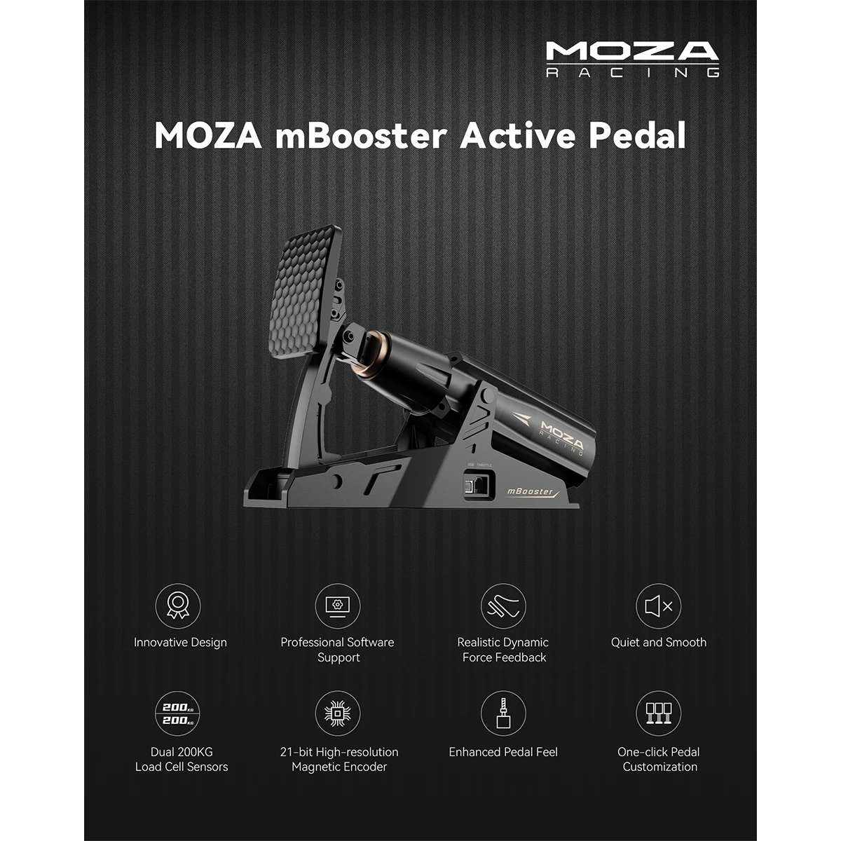 Overzicht van de belangrijkste kenmerken van de Moza Racing MBooster Active Pedal
