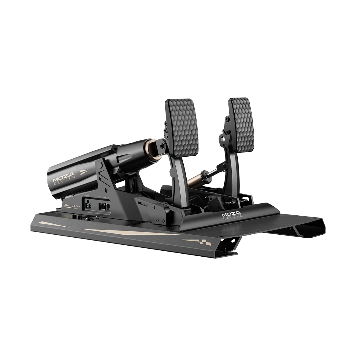Moza mBooster Active Pedal Set top angled view on mounting plate