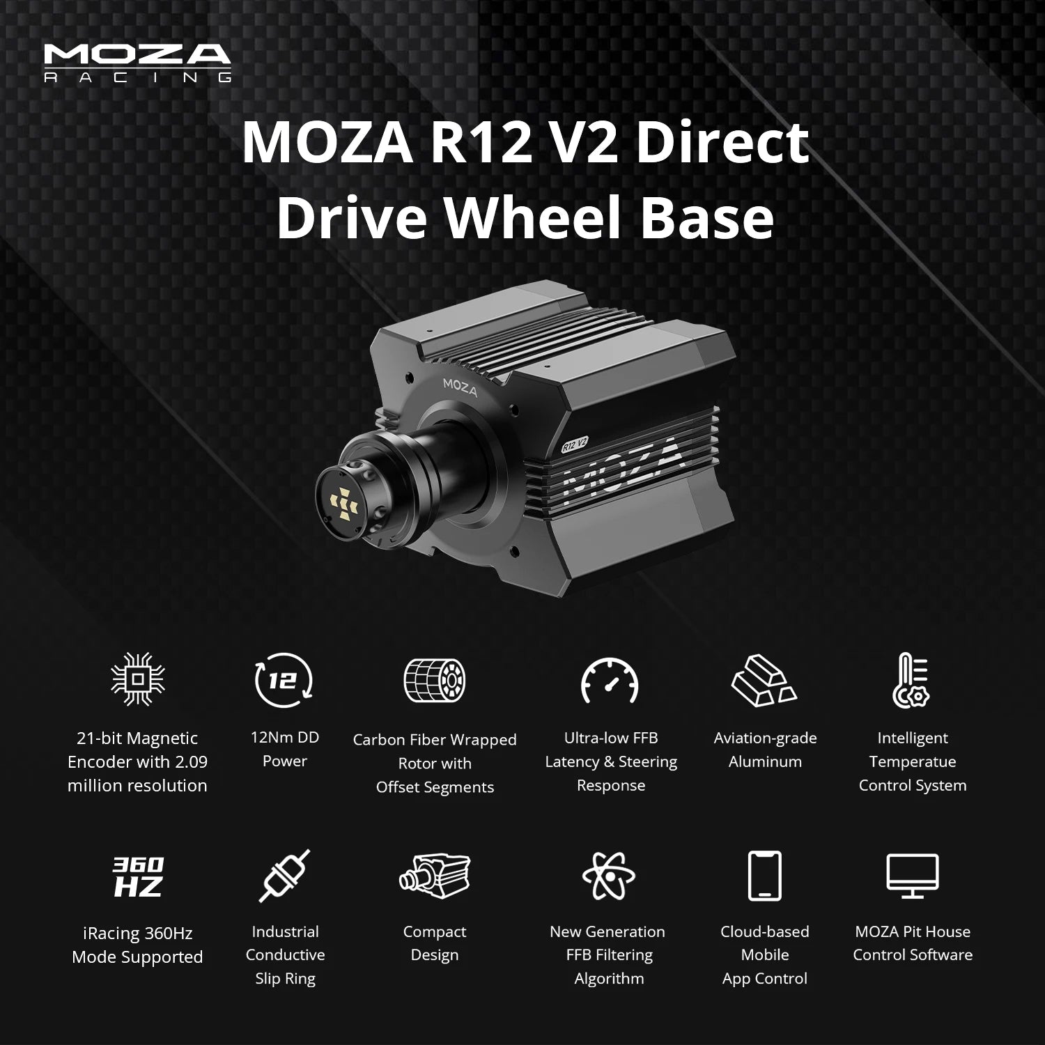 Moza Racing R12 V2 direct drive wheelbase with 12 Nm torque and key features overview