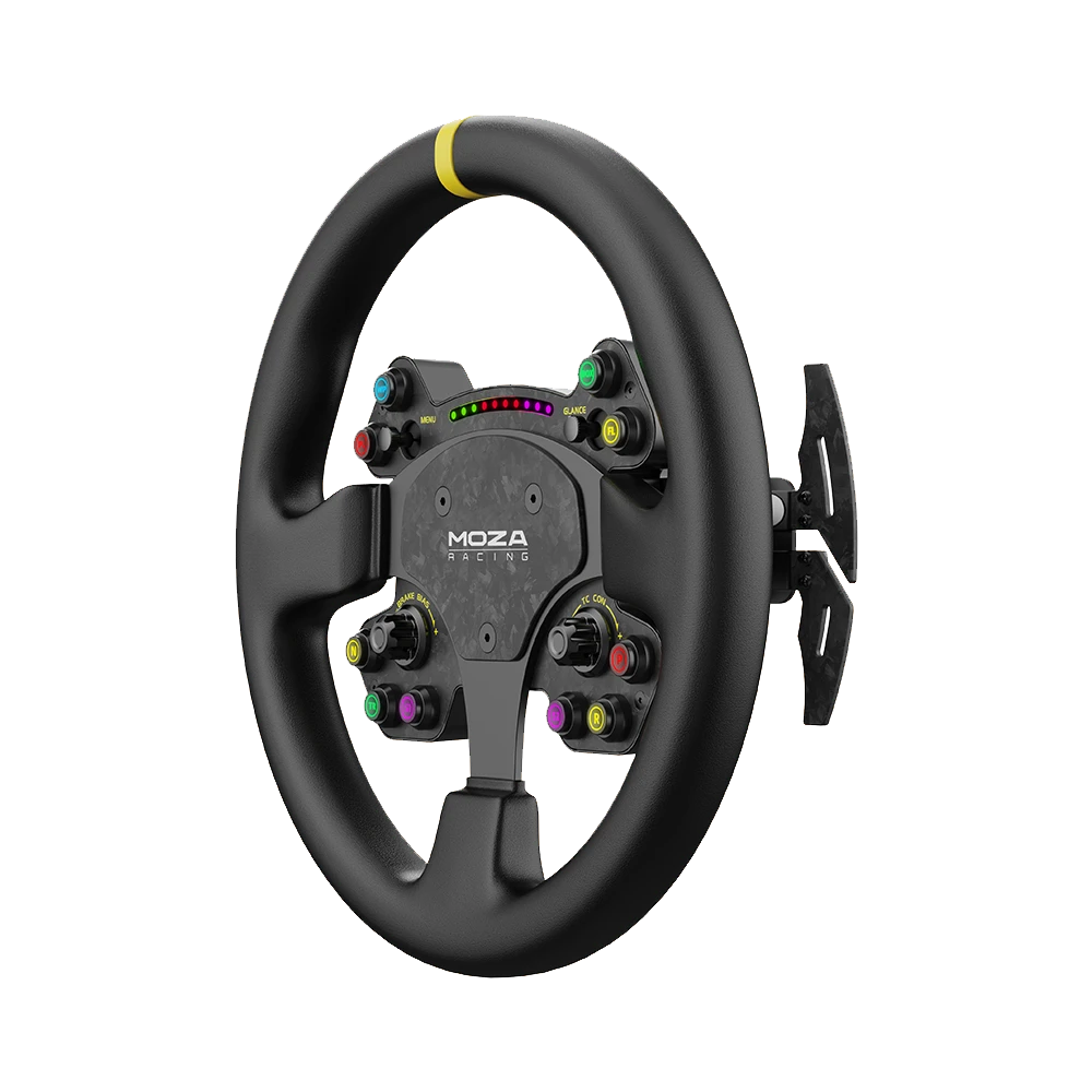 Side view of MOZA Racing RS V2 steering wheel with magnetic shifter paddles