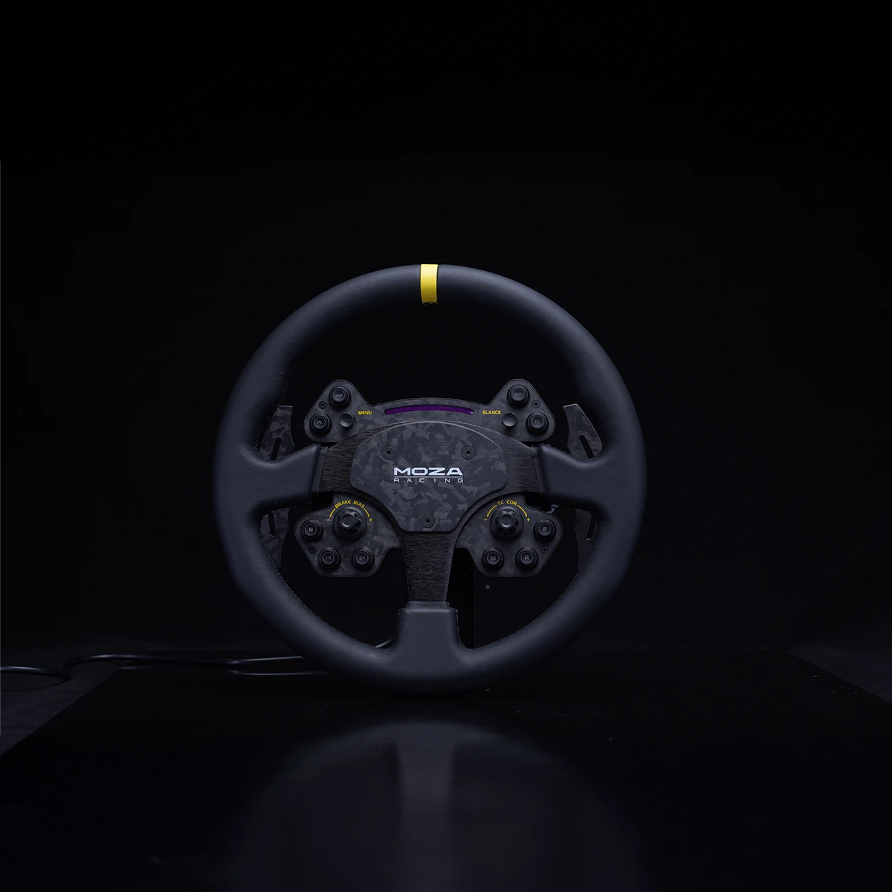 Moza Racing RS V2 steering wheel studio shot on dark background