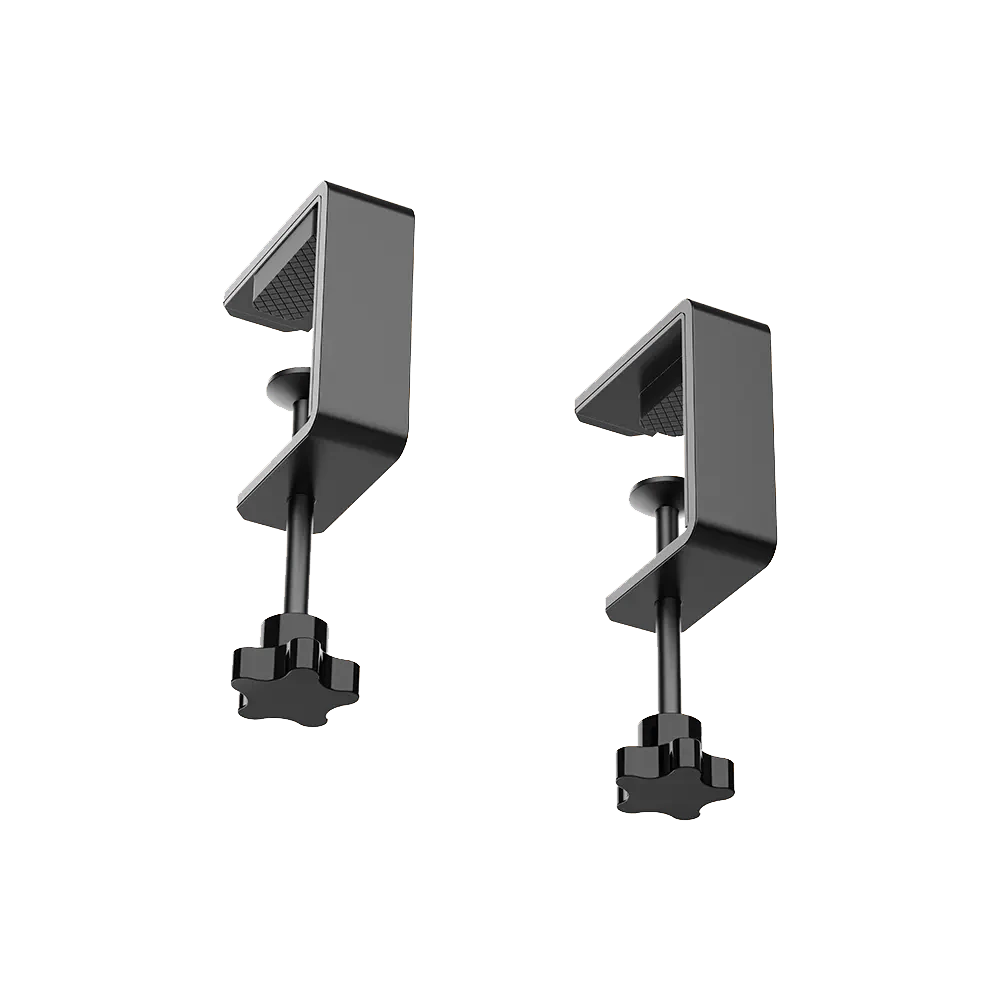 Zijaanzicht van Moza Racing table clamp for yoke met metalen constructie