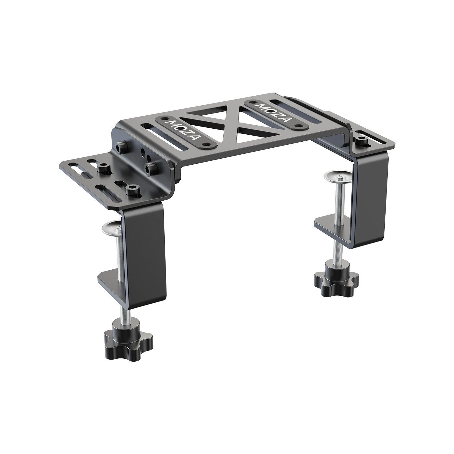 Close up of Moza table clamp mounting screws and adjustment knobs