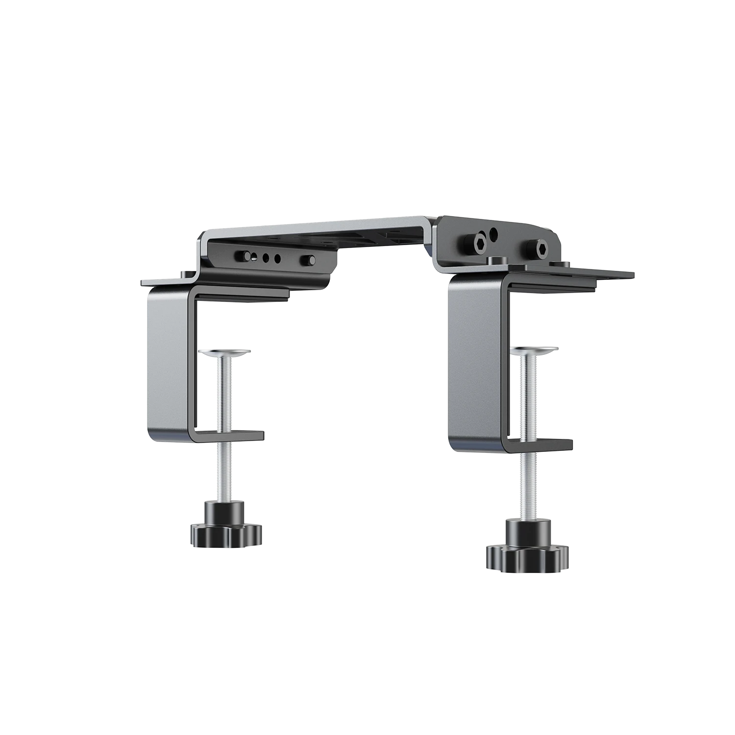 Side angle view of Moza table clamp showing dual clamp design for desk mounting
