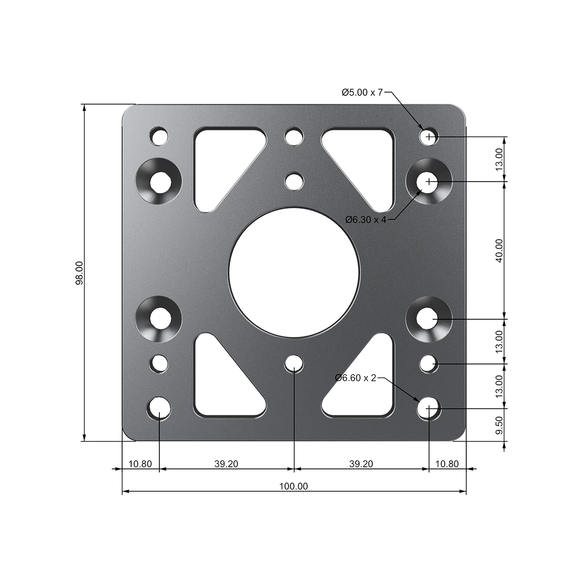 Moza Racing universal base mount adapter plate with detailed mounting dimensions and hole pattern
