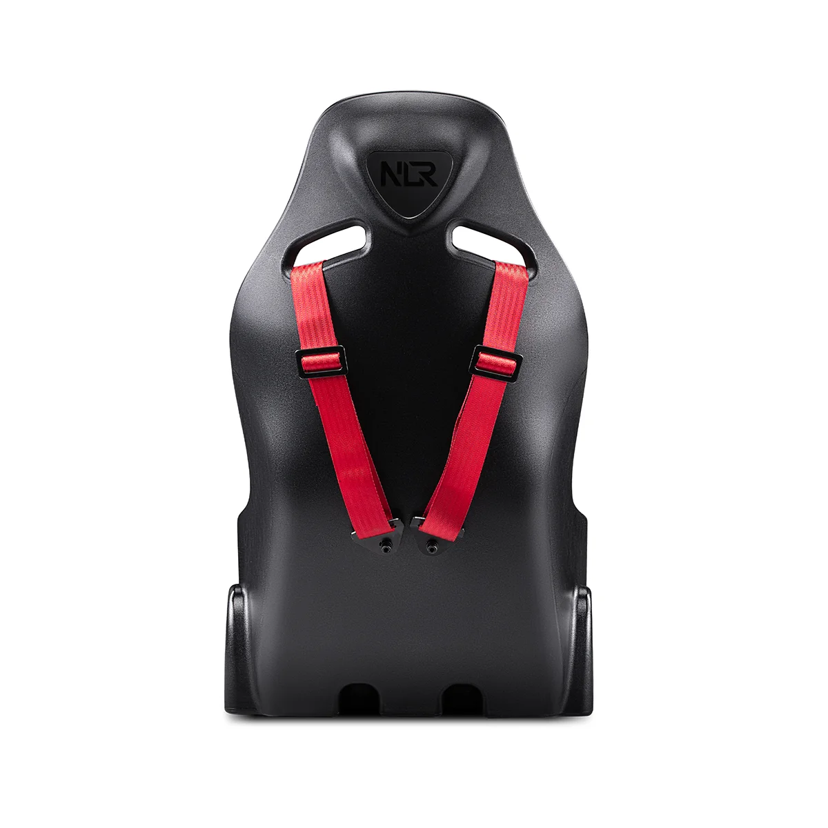 Achteraanzicht van de Next Level Racing Elite ES1 Scuderia Ferrari Edition sim racing stoel met rode gordels.