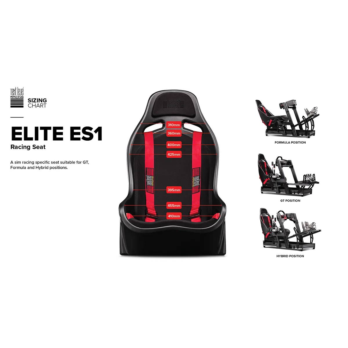 Afbeelding van de Next Level Racing Elite ES1 sim racing stoel met afmetingen en mogelijke zitposities zoals GT, Formule en Hybride.