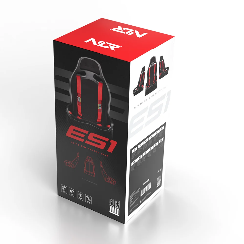 Verpakking van de Next Level Racing Elite ES1 sim racing stoel met productafbeelding en specificaties.