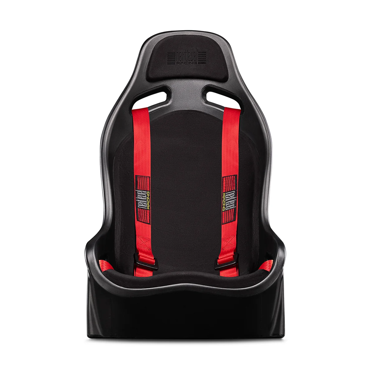 Vooraanzicht van de Next Level Racing Elite ES1 sim racing stoel met rode gordels.