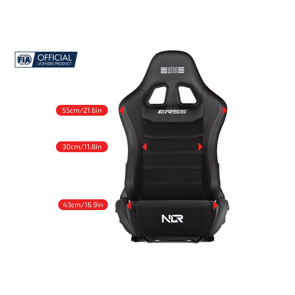 Vooraanzicht met afmetingen van de Next Level Racing ERS5 simracing stoel – ergonomisch design voor alle cockpittypes.