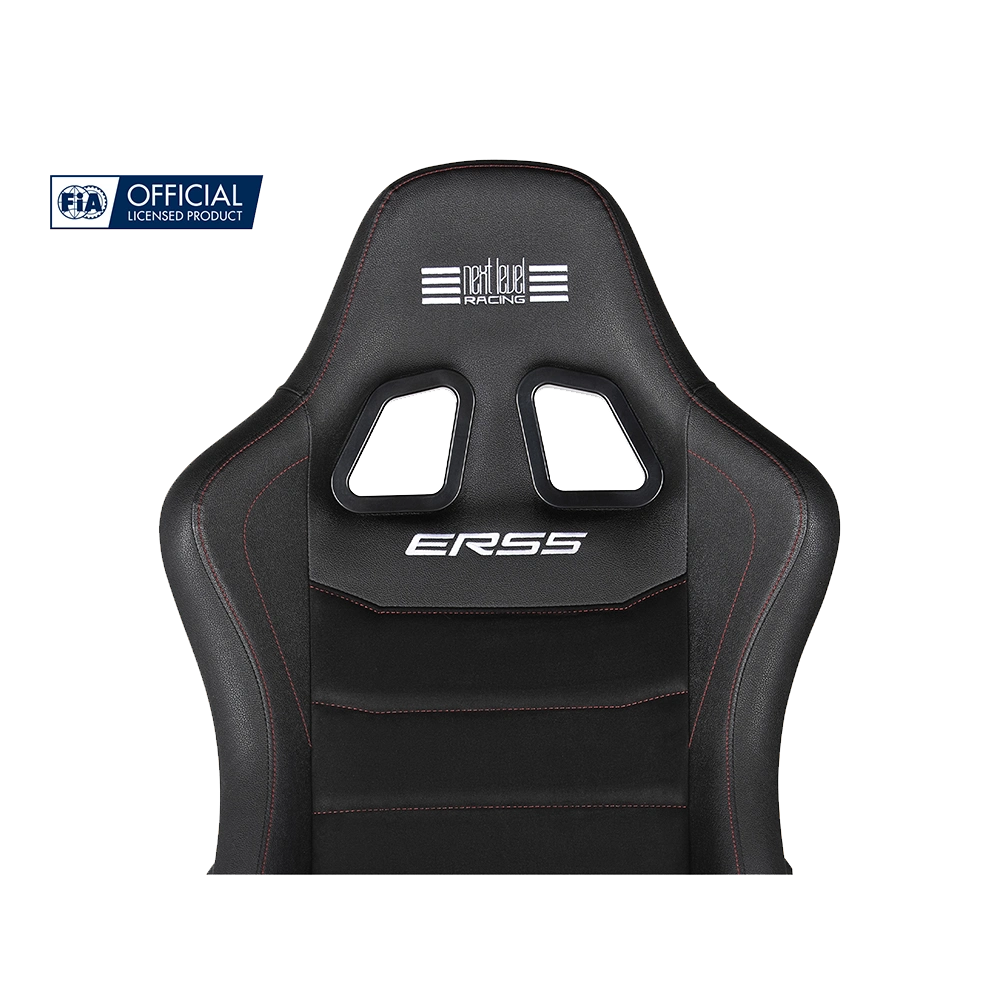 Close up van de rugleuning van de Next Level Racing ERS5 – FIA licensed simracing stoel met rode stiksels.