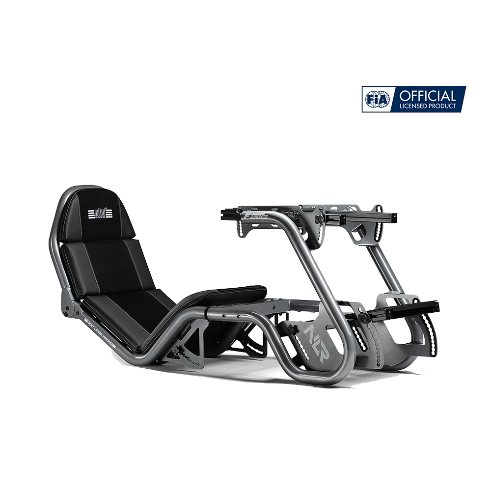 Next Level Racing F-GT Pro cockpit in carbon grey – stevig staalframe voor GT en Formule 1 setups.