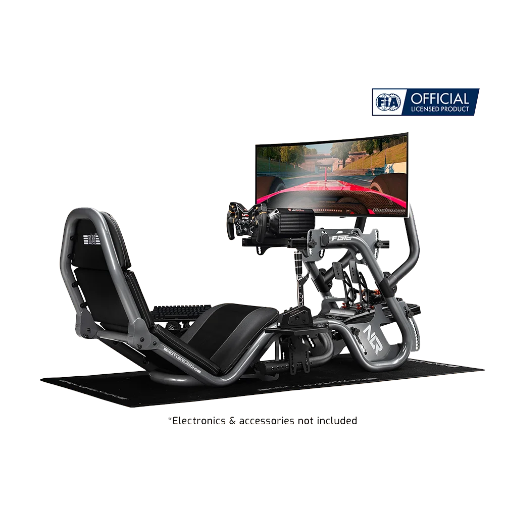 Next Level Racing F-GT Pro cockpit in Formula & GT setup – professionele simracing cockpit in grijze uitvoering.