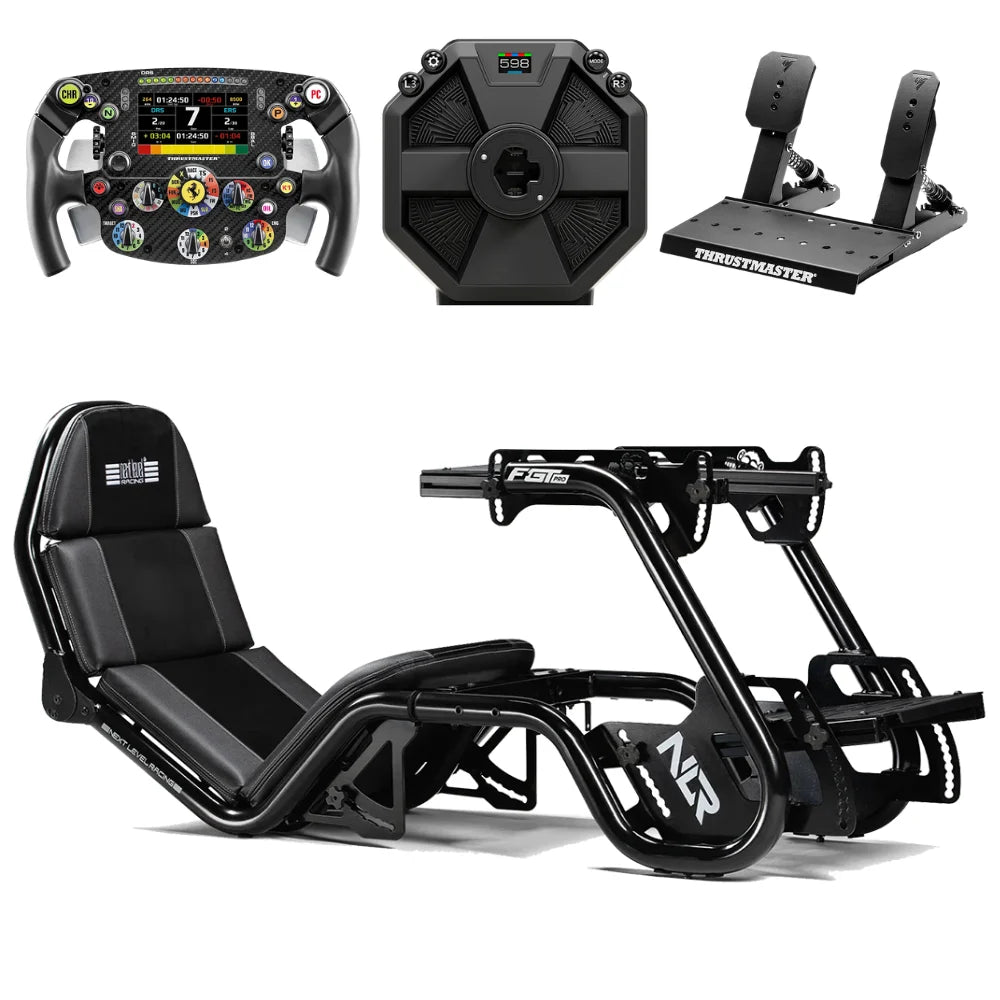 Next Level Racing F-GT Pro F1 racesimulator bundel met Thrustmaster Ferrari SF-25 stuur, T598 Direct Drive en Raceline LTE pedalen in Formule 1 racepositie