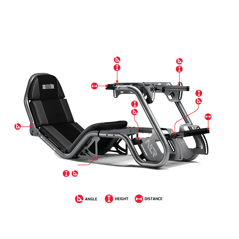 Volledig verstelbare Next Level Racing F-GT Pro cockpit – aanpasbare stuur- en pedaalposities.