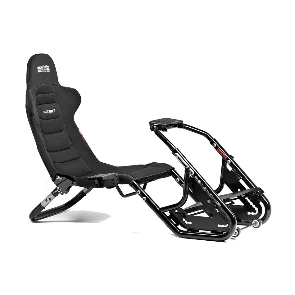 Next Level Racing F-GT Shift cockpit schuin van voren met mesh-stoel en schakelpookhouder