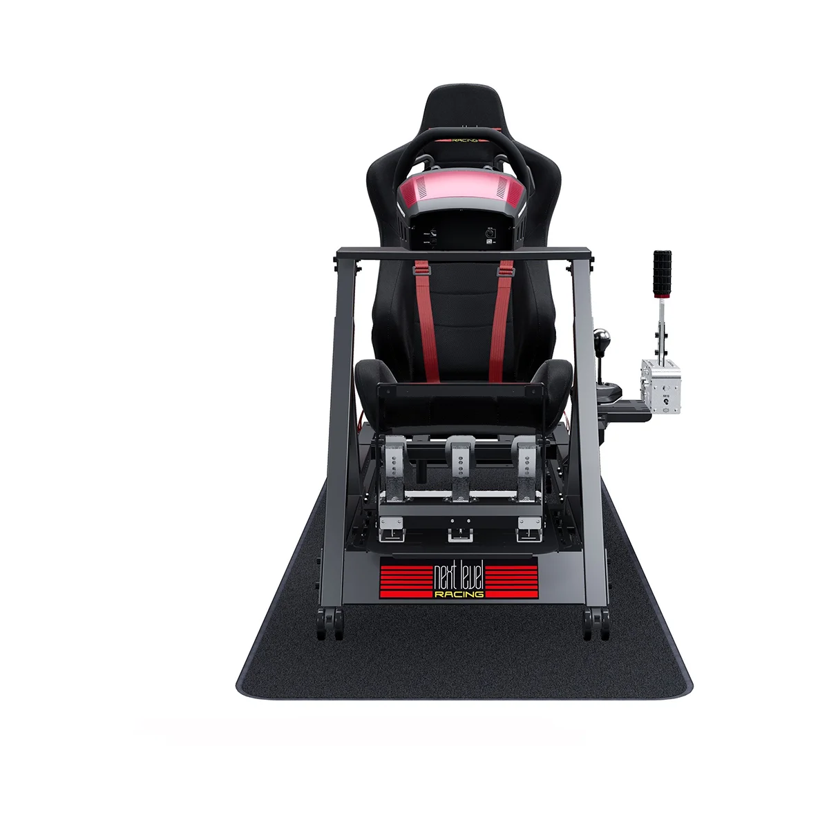 Achteraanzicht van de Next Level Racing GT Track Cockpit met pedalen, stuur en stoel.