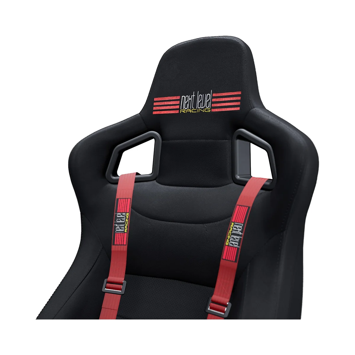 Detailfoto van de rugleuning en rode gordels van de Next Level Racing GT Track Cockpit racestoel.