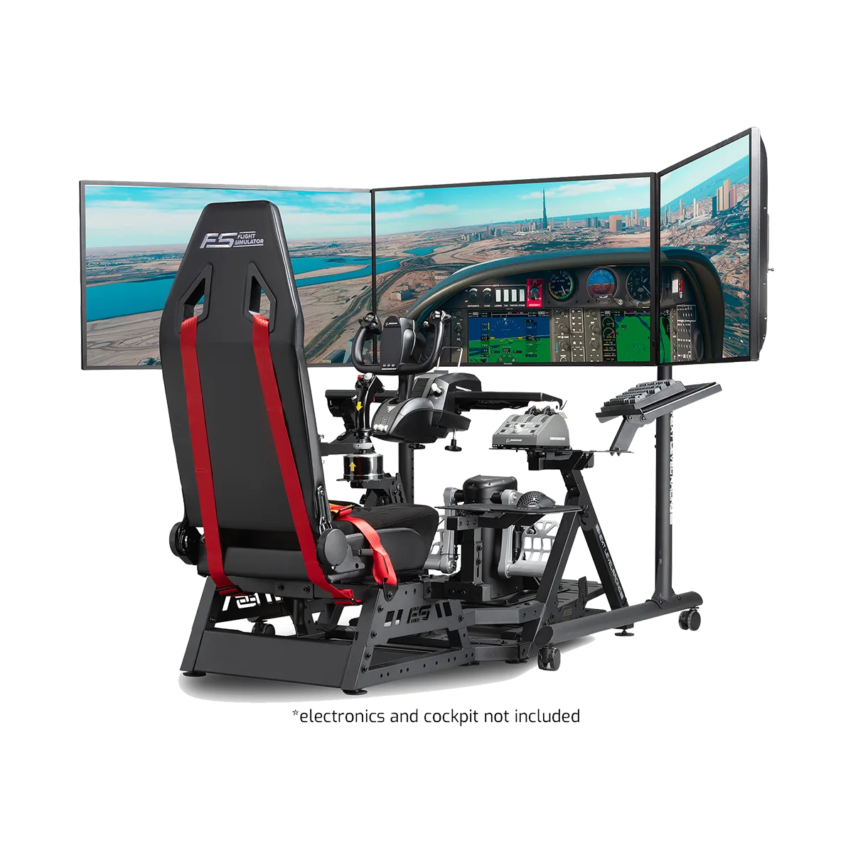 Next Level Racing triple monitor stand with flight simulator cockpit and three screens