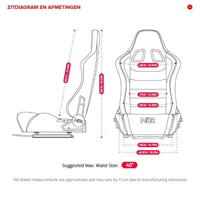Zitdiagram en afmetingen van de NLR ERS5 simracestoel met breedte en hoogte maten