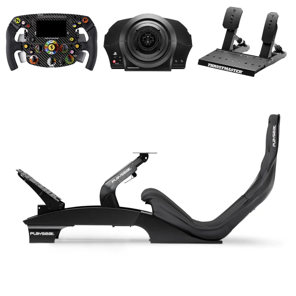 Zijaanzicht van de Playseat F1 Black simrace cockpit met Thrustmaster SF1000 stuurset en pedalen voor een realistische Formule 1 racepositie.