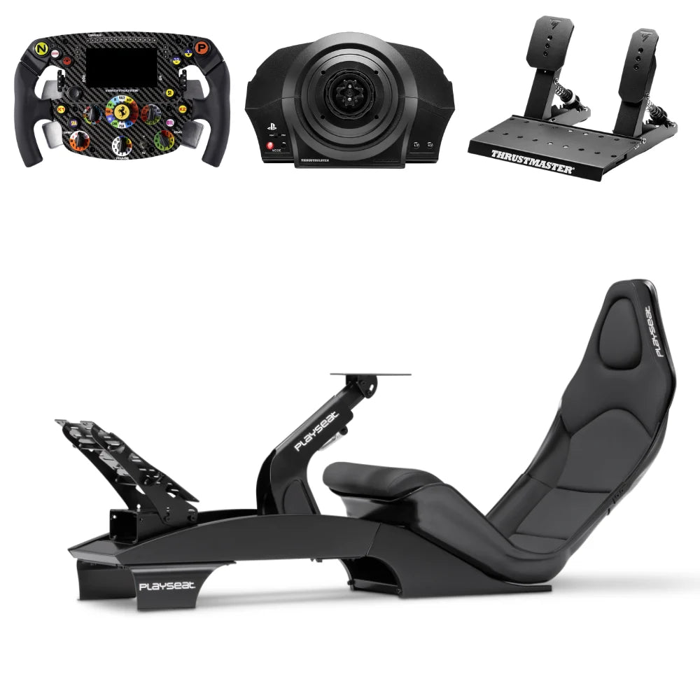 Playseat F1 PRO Black met Thrustmaster Ferrari SF1000 stuur, T300 wheelbase en raceline pedalen als complete Formule 1 simulator bundel.